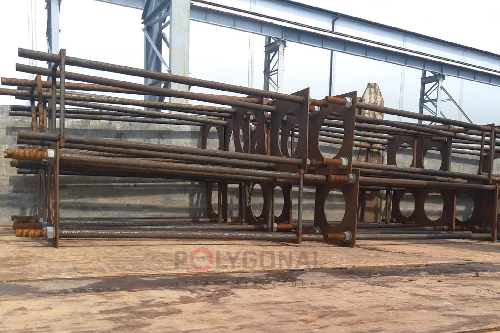 Anchor cages stacked for shipment