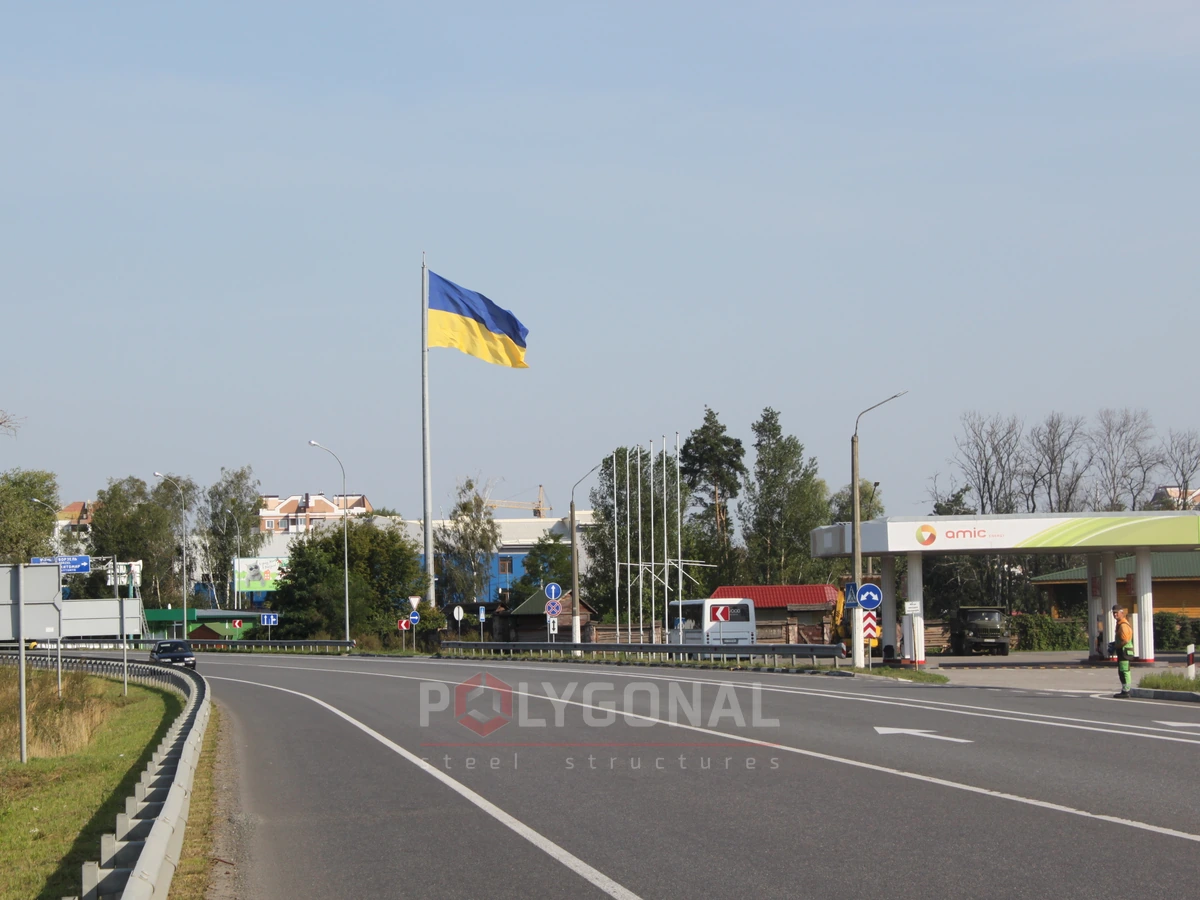 A tall flagpole beside a road