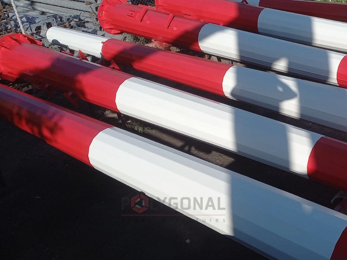 Floodlight mast sections for airports with red-and-white signal painting