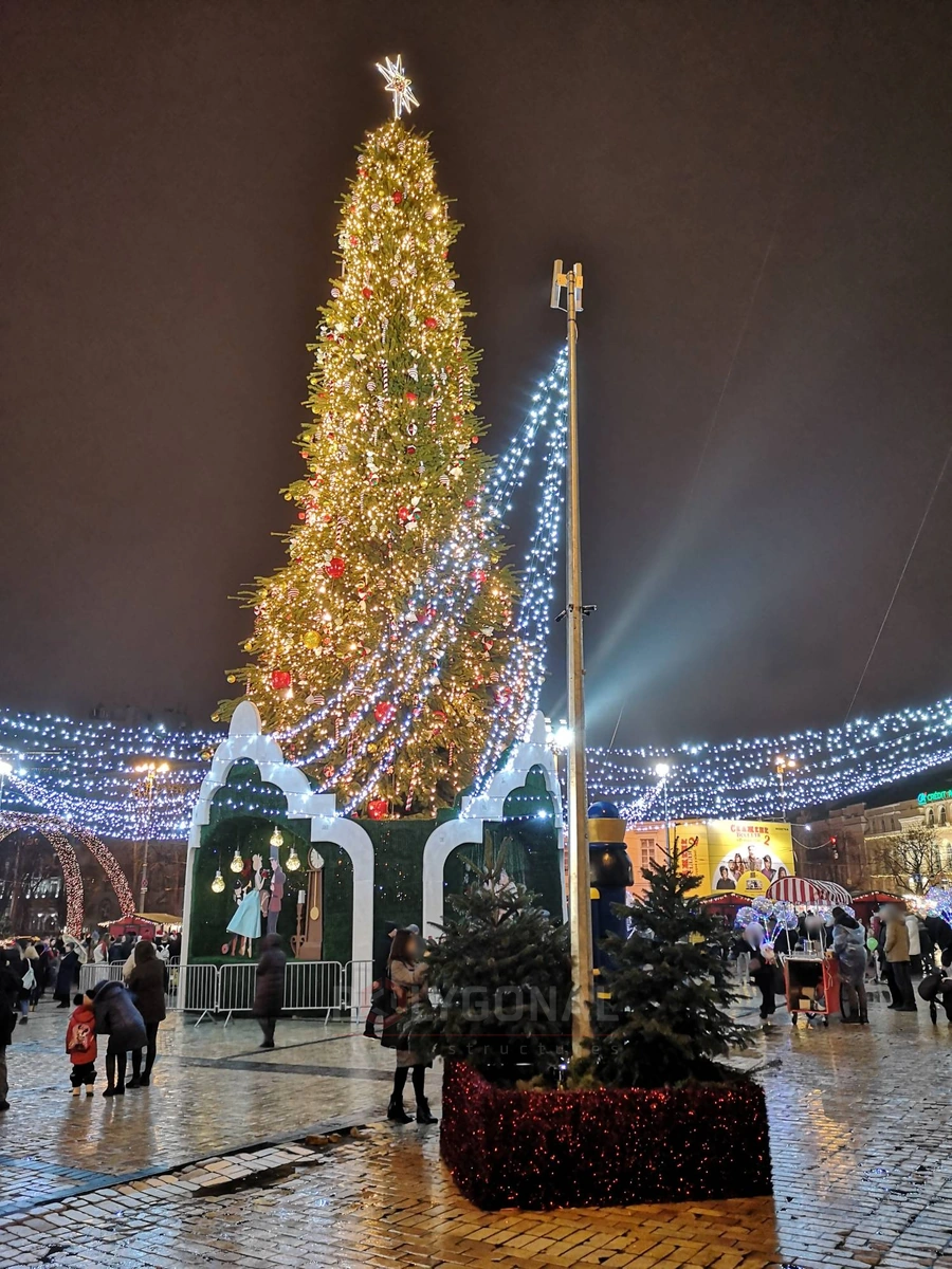 PMO pole with a camera and an antenna by a New Year tree
