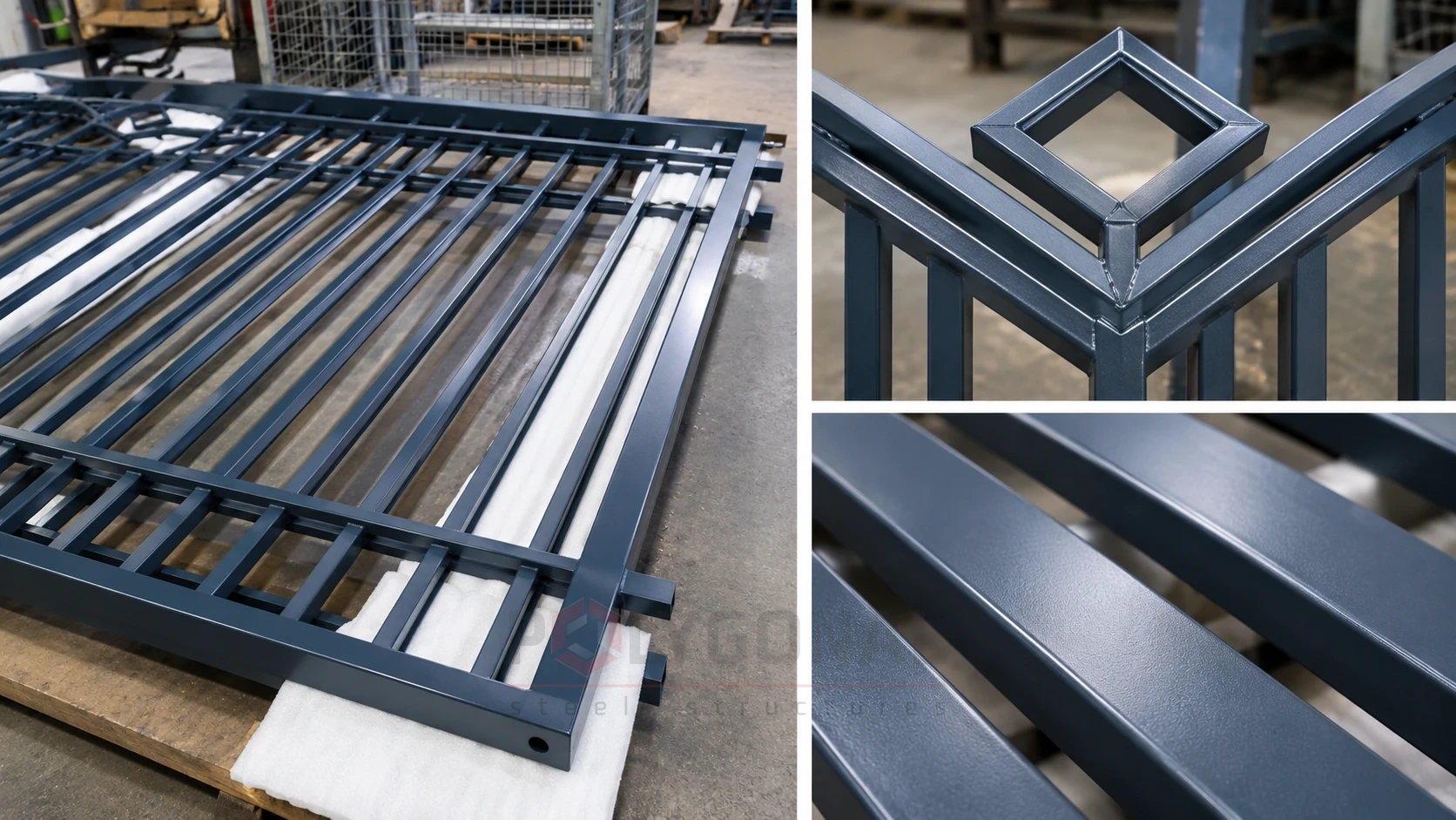 Example of powder coating over hot-dip galvanizing (duplex): a coated fence panel on a pallet, with close-ups of a welded joint and the tube surface
