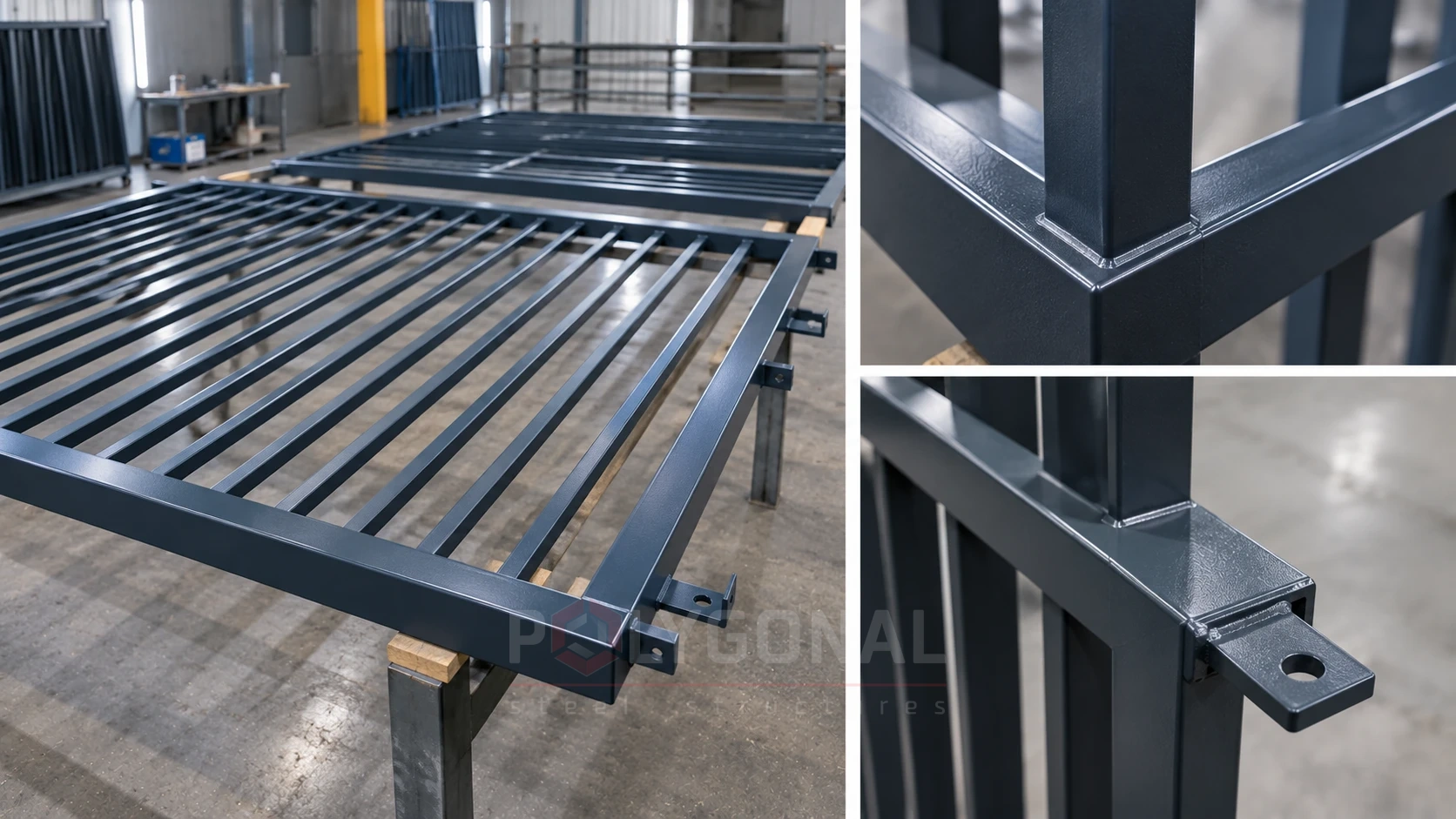 Example of powder coating over hot-dip galvanizing (duplex): coated fence panels on stands in a workshop, with close-ups of a welded corner and a lug with a hole