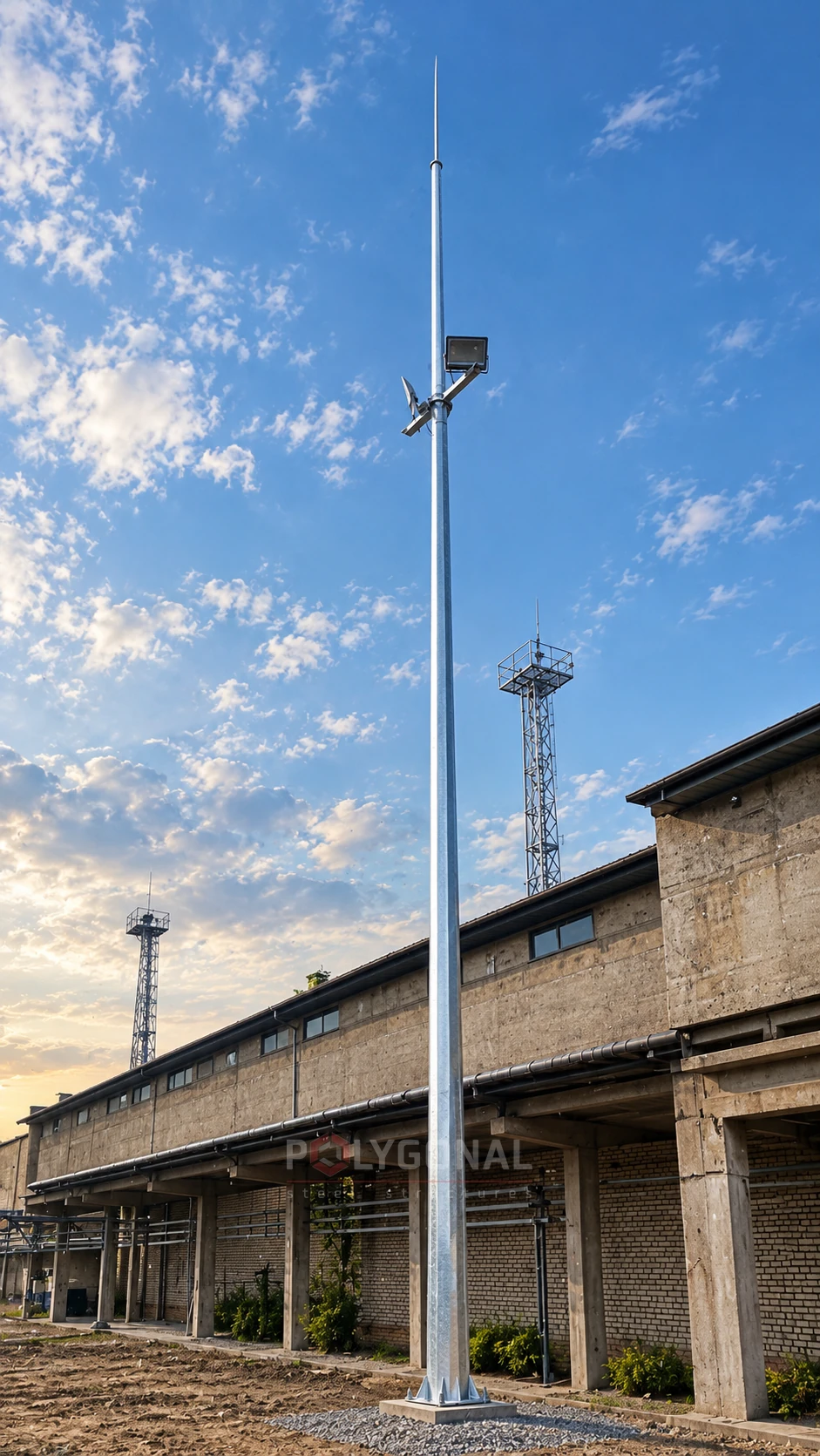 A lightning rod mast beside an industrial building