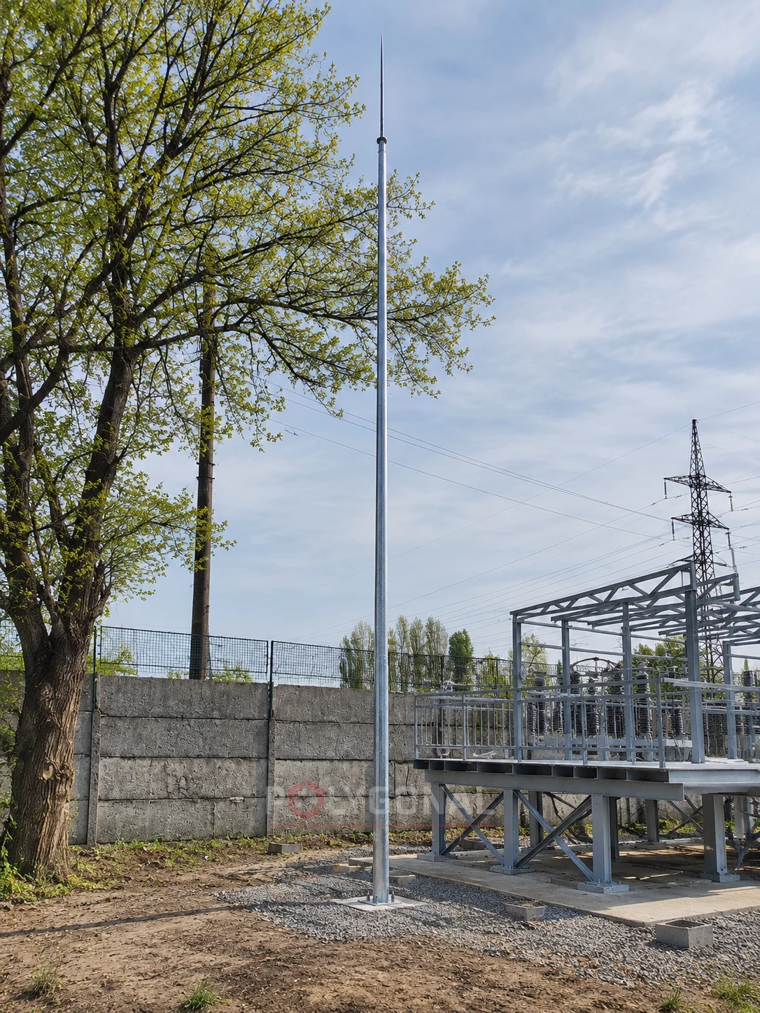A lightning rod mast on a substation site