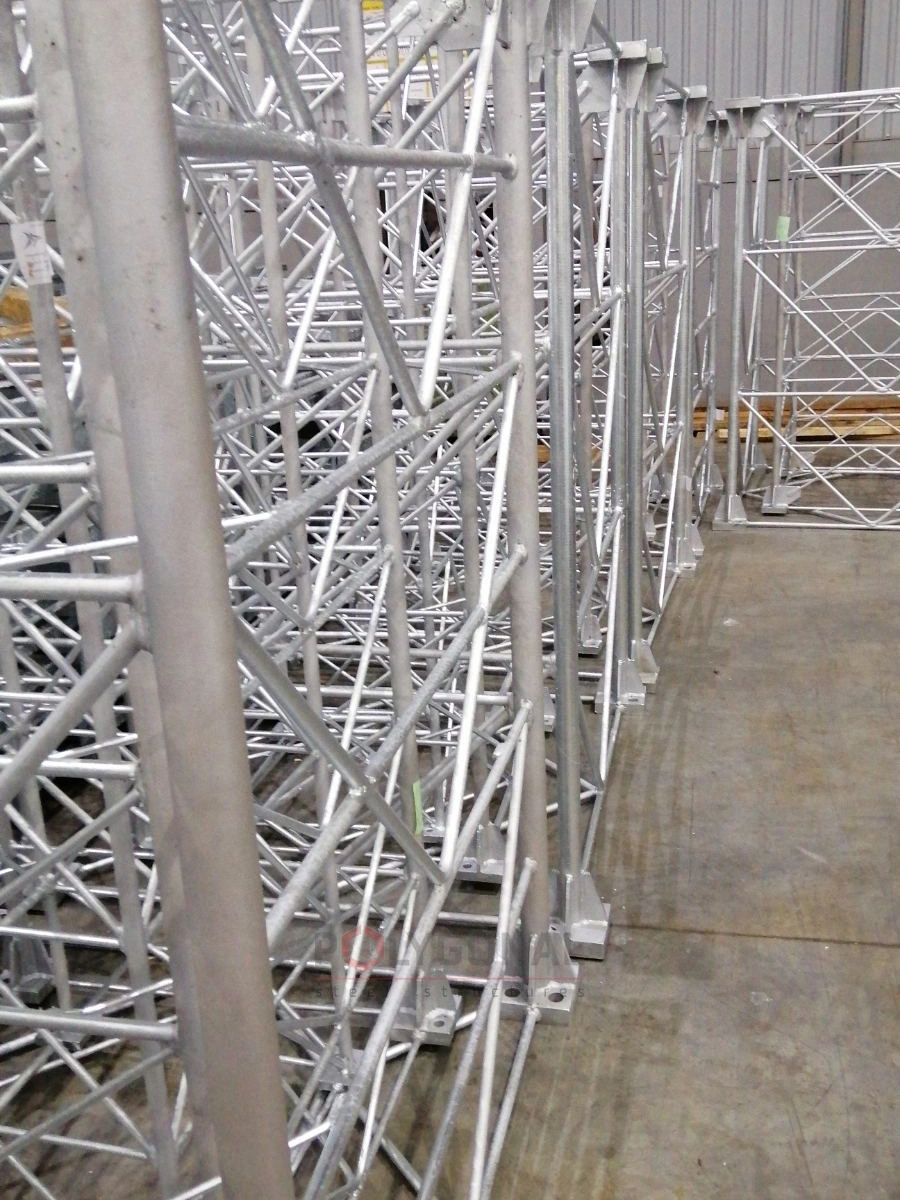 Galvanised lattice tower sections in storage